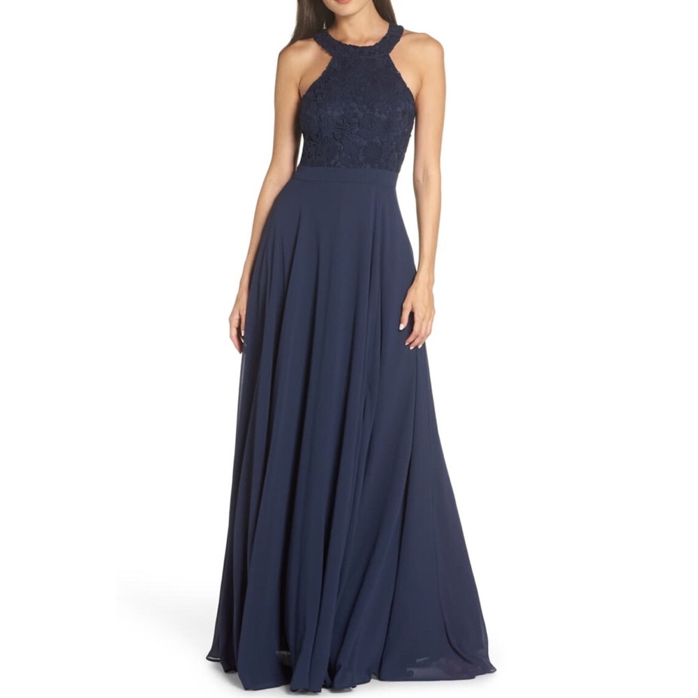 Lulu’s Love Poem navy blue lace halter gown maxi